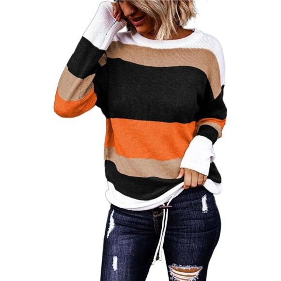 Round Neck Striped Fall Sweater - Cute Trendy Winter Pullover with Drawstring 20 - Picture 1 of 7